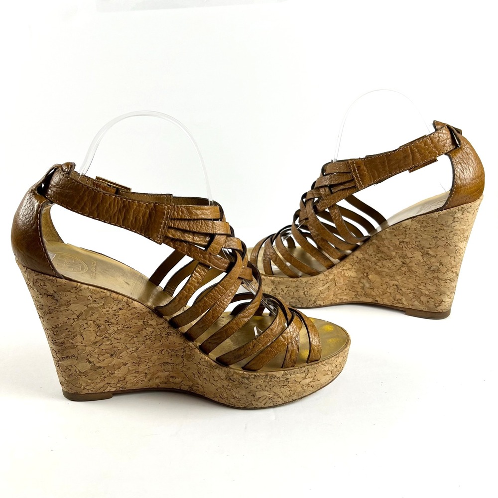 TORY BURCH Anamarte‎ Brown Cork Wedge Platform Sandals Size 9.5 M Leather Buckle